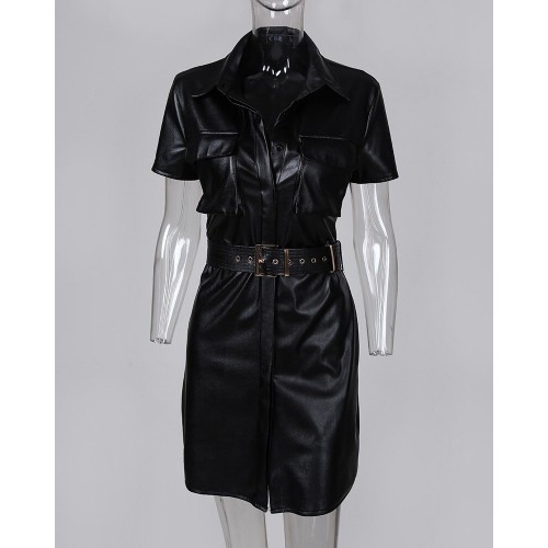 Sexy Dress Sash Button Black Belt Dress Vestido Solid Turn-down Collar ...