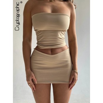 Elegant Sexy Strapless Solid Crop Top and Skirt 2 Piece Set Outfits for Women Fashion Co-Ord Sets Matching Sets
