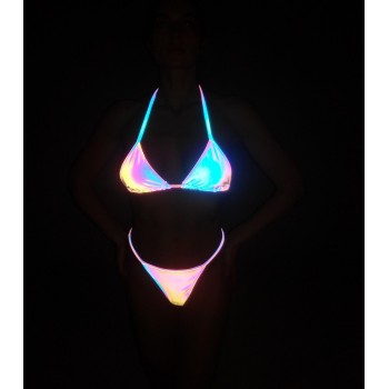 2023 Summer Rainbow Color Reflective Bikini Women Sexy Beach Reflect Light In Dark Shiny Swimsuit Bikinis Sets