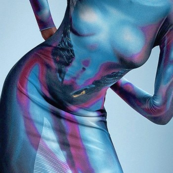 Mesh Body Printing Slim Midi Dress Y2K O Neck Long Sleeve Sexy See Through Bodycon Dresses Clubwear