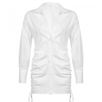 Soild Drawstring Mini Tshirt Dress Women Casual Basic Button Up Long Sleeve Bodycon Dresses 