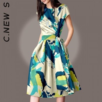 Women O Neck Slim Multicolor Floral Print Vintage Elegant Knee Lenght Casual Dresses Summer Runway French Short Sleeve