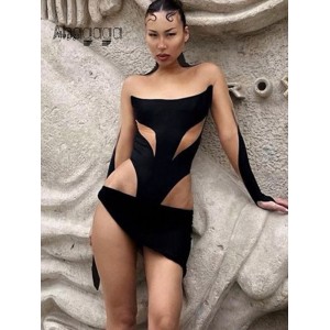 Ahagaga Fashion Sexy Women Bodysuits Mesh See Through Patchwork Streetwear Regular Casual Long Sleeve Slim Bodycon Rompers Tops