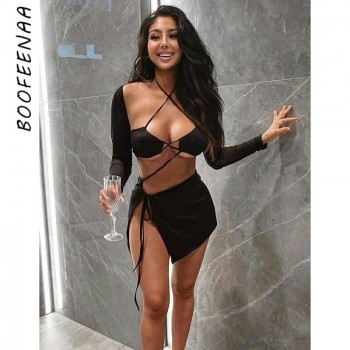 Sexy Black Dress Nightclub Outfits for Women Hollow Out Open Back Strappy Lace Up Long Sleeves Mini Dress Sets