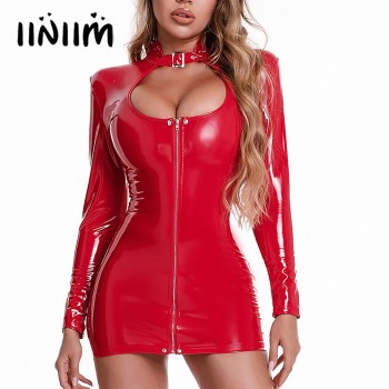 Leather Bodycon Front Zipper Crotch Dresses Wet Look Latex Catsuit Clubwear Long Sleeve Pole Dance Rave Festival Outfit