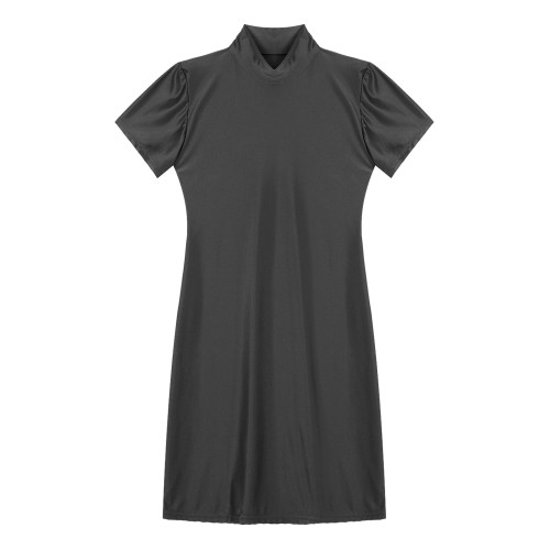 Ladies Glossy Short Sleeve Bodycon Dress Fashion Mock Neck Mini Dresses ...