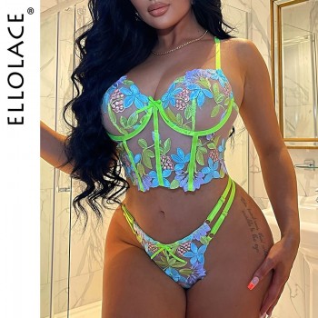 Luxury Lingerie Sexy Floral Embroidery Set Woman 2 Pieces Underwire Bra Thongs Exotic Intimate Neon Green Underwear