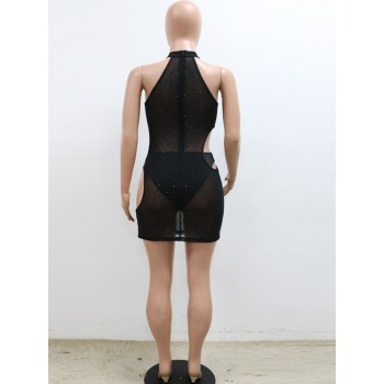 New Chic Cut-Out Crsytal Snake Mini Dress Sexy Clubwear Womens Glam See-Through Sequins Night Dress