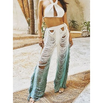Puss Ripped Side Tassel Straight Pants Women Sexy Gradient Trend Loose Party Hipster Skinny 