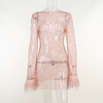Mesh Mini Dress Women Fashion Faux Fur Tassel Full Sleeve See Through Dress Summer Pink