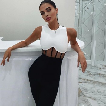  Sleeveless O-neck Mesh Patchwork Bandage Jumpsuit Bodycon Celebrity Club Party Runway Jumpsuit