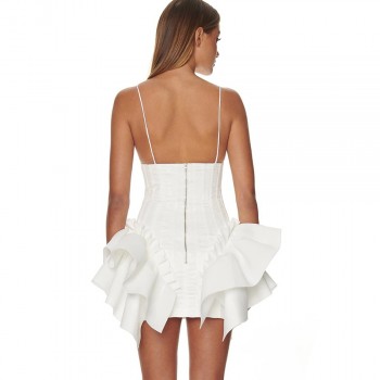 White Mini Dress Sexy Spaghetti Strap V-Neck Draped Bandage Dress Bodycon Club Party Dress