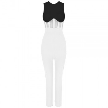  Sleeveless O-neck Mesh Patchwork Bandage Jumpsuit Bodycon Celebrity Club Party Runway Jumpsuit