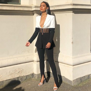  Two Piece Set Women Suit Blazer and Pants Club Two Piece Outfits Runway Clothes 2020 Fall Black and White 2 Piece Set
