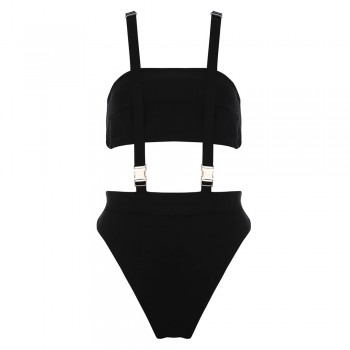  One Piece Bandage Swimsuit Summer Women Black Sexy High Waist Swimwear Straps