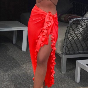 Women Chiffon See-Through Beach Bikini Cover Up Wrap Scarf Swimwear Pareo Sarong Dress Solid Ruffle Casual Beach Dress