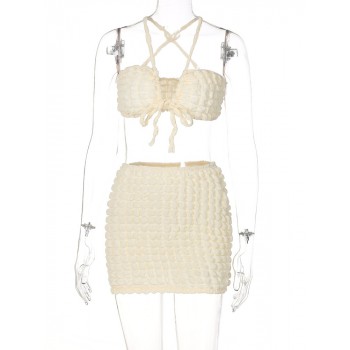 Solid Halter Draped Bandage Crop Top Skirts 2 Pieces Set 2022 Summer Women Fashion Elegant Slim