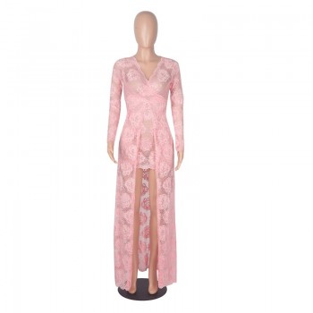 Summer Lace Cut-out Black Pink Asymmetrical Dresses Long Sleeve Evening Dress