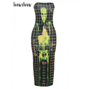 Strapless Party Club Bodycon Printed Midi Dress Streetwear 2022 Summer Clothes 