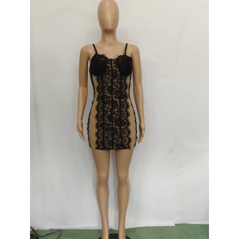 Womens Lace Mesh Patchwork Bodycon Dress Summer Strap See Through Mini Dresses Clubwear