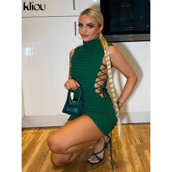 Stunning Stacked Mini Dress Women Sexy Solid Mock Neck Sleeveless Draw String Bodycon Party Clubwear 