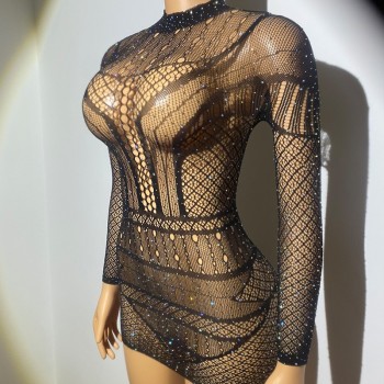 Bodycon Dress Rhinestones Long Sleeves Crystal Diamond Night Dress Perspective Clubwear Transparent Mini Dress 