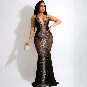 Crystal Rhinestones Black Maxi Dress Women Gown Mesh See-through Backless Mermaid Bodycon