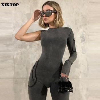 Denim Jumpsuit Women Punk Zipper Unilateral Sleeve Zipper Grey