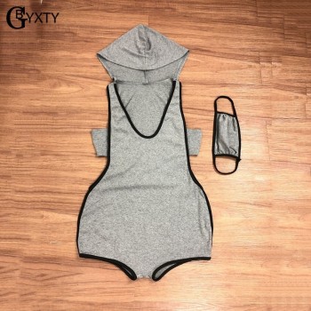 Hooded V-Neck Hollow Out Summer Playsuit and Rompers Womens Solid Skinny Sportwear Joggers Short Jumpsuit 