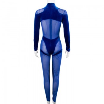 Blue Velvet Mesh Patchwork Skinny Long Pant Jumpsuit Women Sheer Rompers Clubwear Overalls 