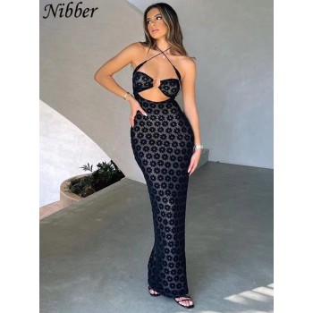 Nibber Solid Color Maxi Dress Sexy Hollow Women Perspective Bag Hips Robe Trendy Street Dresses Clothing