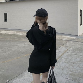 Black Hooded Mini Dress Women Long Sleeve Autumn Winter Casual Korean 