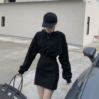 Black Hooded Mini Dress Women Long Sleeve Autumn Winter Casual Korean 