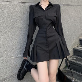 Black Shirt Dress Women Elegant Vintage Long Sleeve Dresses Sexy Gothic Pleated Streetwear Turn-down Collar