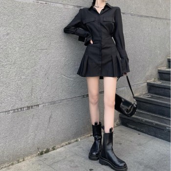 Black Shirt Dress Women Elegant Vintage Long Sleeve Dresses Sexy Gothic Pleated Streetwear Turn-down Collar