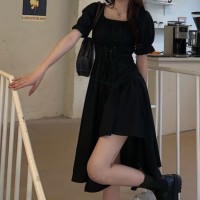  Elegant Vintage Kawaii Puff Sleeve Midi Dress Square Collar Sundress Goth Black