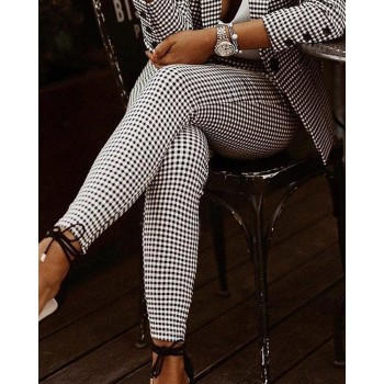 Plaid Print Lapel Collar Blazer & Pants Set Women 2pcs Clothes Suit Pants Suits