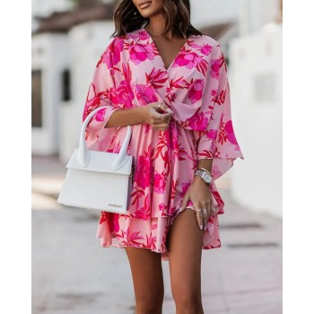 Bohemian Floral Print Double Layered Casual Dress Women Batwing Sleeve Beach Holiday