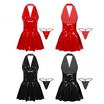 Faux Leather Pleated Mini Dress Sleeveless Backless Wet Look Dress A-line Sexy Clubwear Costumes Black Red