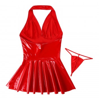 Faux Leather Pleated Mini Dress Sleeveless Backless Wet Look Dress A-line Sexy Clubwear Costumes Black Red