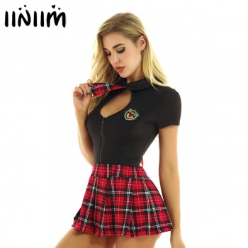  Japanese Schoolgirl Cosplay Uniform Femme Sexy Costume Top with Plaid Pleated Mini Skirt Briefs