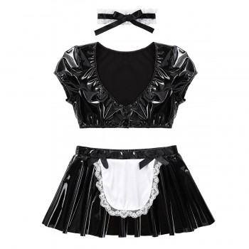 Cocktail Party Leather Latex French Maid Dress Cosplay Costumes Crop Top with Flared Mini Skirt