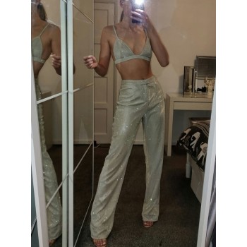 Glitter Silver Party Two Piece Pants Set Women Club Night Outfits Fashion Sparkly Blazer Matching Sets 