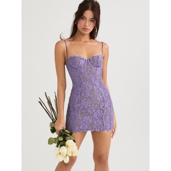 Bodycon Party Dress Lace Elegant Dress Purple Vintage Mini Dress Spaghetti Strap Purple