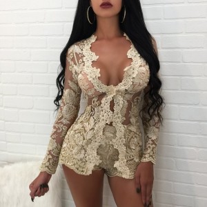 Embroidery Sexy Two Piece Sets Women Lace V Neck Hollow Out Cardigan And Shorts Romper Jumpsuit