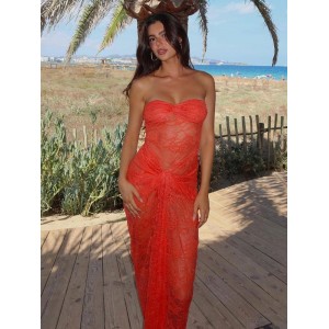 Women's Lace Hollow Out Midi Dress - 2023's Must-Have Strapless, Backless, and Off-Shoulder Chic Slim Outfit"