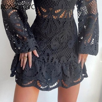 Women Elegant Solid Lace Hollow Out Lantern Sleeves Ruffle Hem Mini A-line Black Dresses