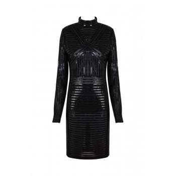 Women Dress O-Neck Leather Bodycon mini Elegant Simple Dress Black