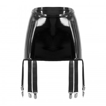 Womens Wet Look Patent Leather Skirts with Garter Belt High Waist Suspenders Skirts with Six Metal Buckle Clips