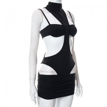 Black 3 Pieces Set Night Club Dress Women's 2022 Summer Half High Collar Hollow Out Bandage Bodycon Low Waist 